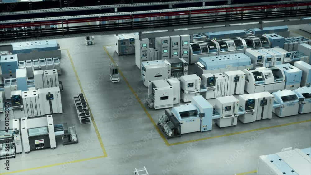 Poster Futuristic Autonomous High-Tech Factory With Advanced Robots and Automated Guided Vehicles Seamlessly Operating. Bird's-Eye View Captures the Precision and Efficiency of Modern Manufacturing.