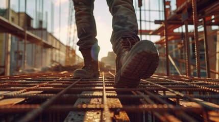 Worker Walking on Metal Platform at Construction Site