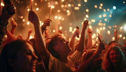 Joyful Concert Crowd with Sparklers at Night.