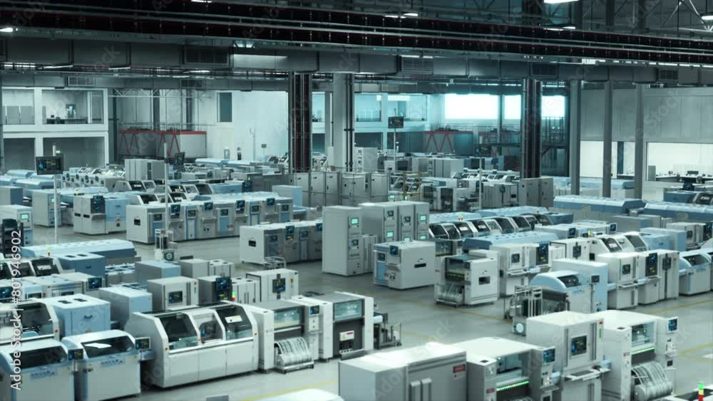 Aufkleber Explore A Futuristic High-Tech Electronics Factory Featuring Advanced Robotic Arms and Automated Assembly Lines Manufacturing Cutting-Edge Microchips and GPUs in a Vast Industrial Setting.