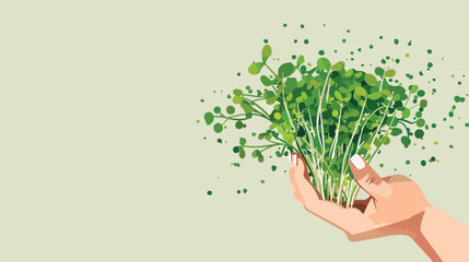 Woman holding fork of fresh micro green on light background