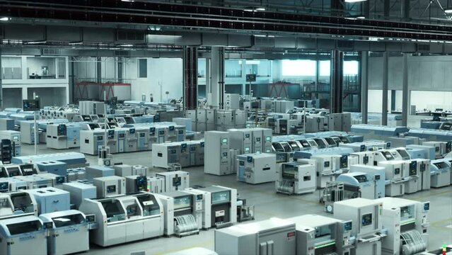 Explore A Futuristic High-Tech Electronics Factory Featuring Advanced Robotic Arms and Automated Assembly Lines Manufacturing Cutting-Edge Microchips and GPUs in a Vast Industrial Setting.