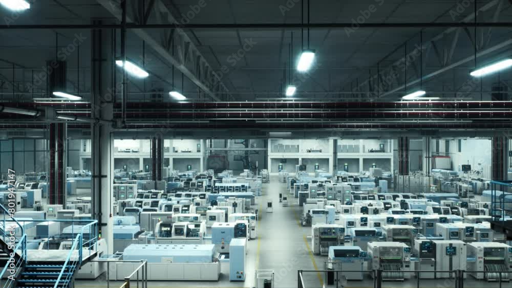 Poster Autonomous High-Tech Factory Featuring Advanced Robotics and Automated Systems for Manufacturing Cutting-Edge Electronics, Monitored by AI-Driven Robots and High-Precision Assembly Lines