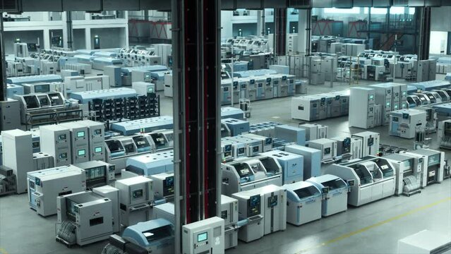 Explore A State-Of-The-Art Autonomous Factory With Advanced Robotics and High-Tech Machinery Assembling Microchips and GPUs. Futuristic Industrial Production With No Human Intervention.