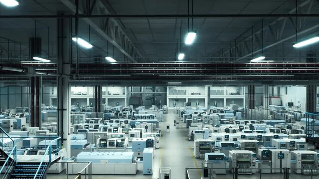 Autonomous High-Tech Factory Featuring Advanced Robotics and Automated Systems for Manufacturing Cutting-Edge Electronics, Monitored by AI-Driven Robots and High-Precision Assembly Lines