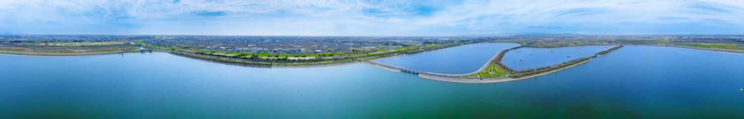 渡良瀬遊水地の上空からのドローン空撮パノラマ