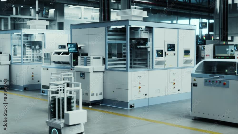 Poster Autonomous Factory Featuring Advanced Robotics and Automated Systems, Highlighting High-Tech Manufacturing Processes in a Modern Industrial Setting with Elevating Camera Shot