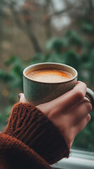Young woman holding cup of coffee in winter cozy sweater. Generative AI
