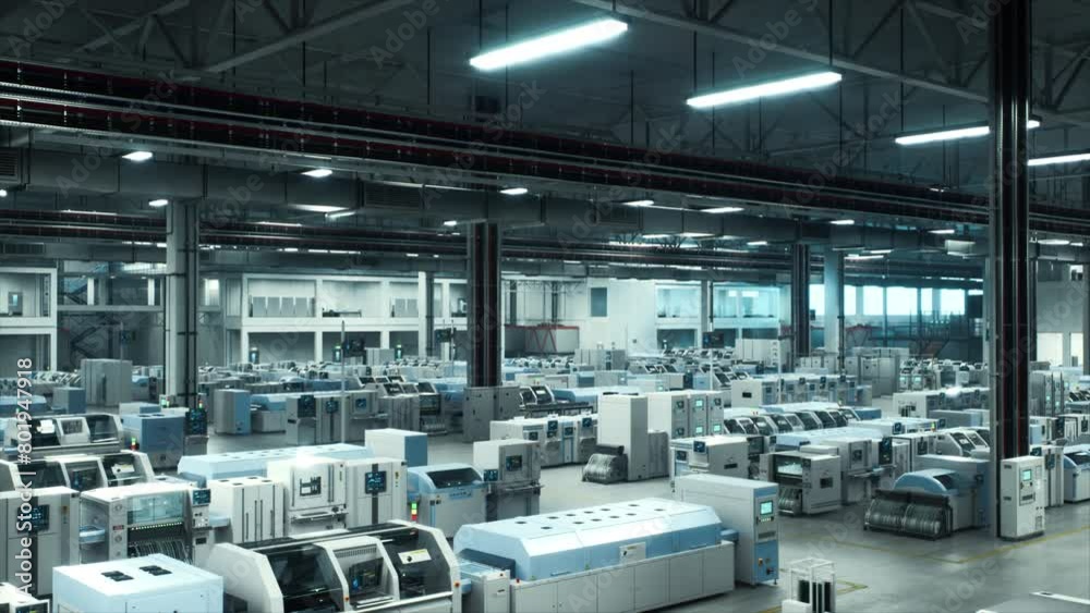 Poster Explore A Futuristic High-Tech Factory Featuring Autonomous Robots and Advanced Assembly Lines Manufacturing Microchips and GPUs in a State-of-the-Art Industrial Environment.