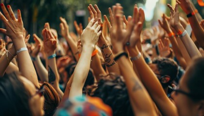 Enthusiastic Music Festival Crowd Raising Hands. - obrazy, fototapety, plakaty