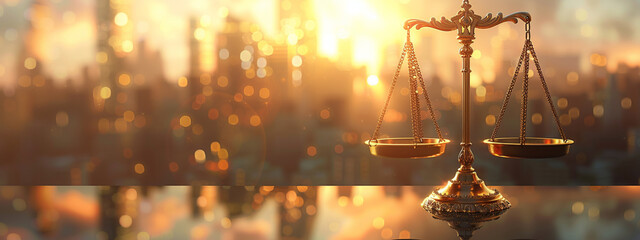 Close-up of gleaming gold scales of justice, perfectly balanced, set against a solemn courtroom background, highlighting the essence of Law Day