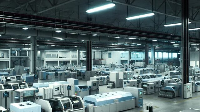 Explore A Futuristic High-Tech Factory Featuring Autonomous Robots and Advanced Assembly Lines Manufacturing Microchips and GPUs in a State-of-the-Art Industrial Environment.