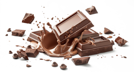 Cubes of milk chocolate bar falling with splash isolated on white background