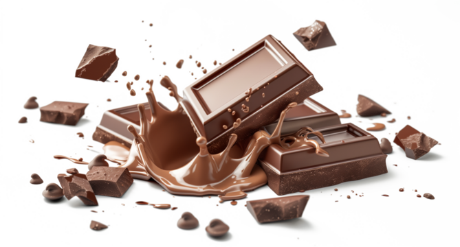 Cubes of milk chocolate bar falling with splash isolated on white background