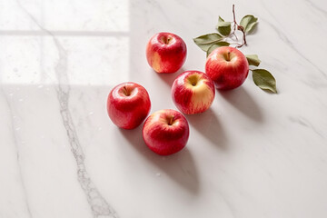 Fresh ripe apples on white marble table. Generative AI