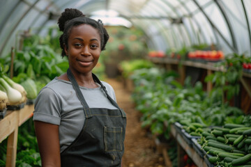 A young black female farmer standing calmly inside a vegetable greenhouse, facing the camera.

 - obrazy, fototapety, plakaty