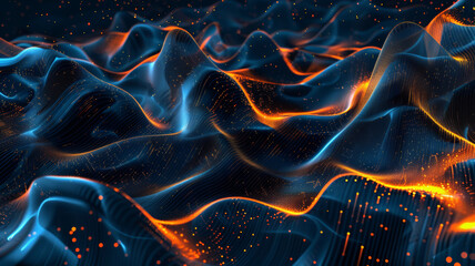 Dark Blue Abstract Background, Glowing Particles and Waves