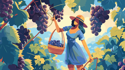 Woman picking fresh ripe juicy grapes in vineyard vector