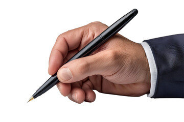 Close-up of a young businessman's hand holding a pen, writing on a paper, isolated on transparent background, png file