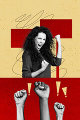 Vertical photo collage of happy excited girl show fist crowd people demonstration poster picket...