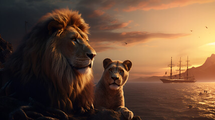 Lion, Couple, Mountains, Sunset, Ship, Cat, Animal - obrazy, fototapety, plakaty