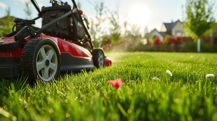 Lawnmower close up view on green backyard grass. Generative AI - Powered by Adobe