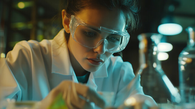 A female musician wearing vision care eyewear and sitting in a laboratory, surrounded by glass equipment, working on an entertaining music event