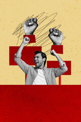 Vertical photo collage of frown scream guy show fist hands crowd picket demonstration rebellion...