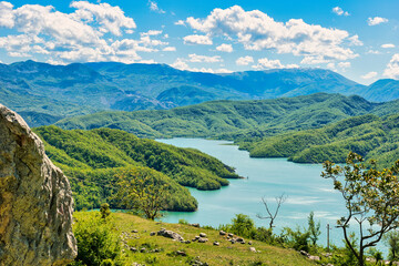 Bovilla, Albania - April 27, 2024. Attractive spring view of Bovilla Lake, Tirana city location....