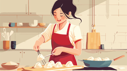 Woman preparing tasty dumplings on light background c