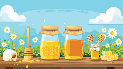 Beekeeping supplies and honey on table Vector illustration