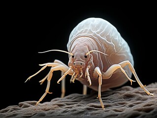 Closeup of a dust mite, captured in high detail to highlight its role in the ecosystem against a dark background - obrazy, fototapety, plakaty