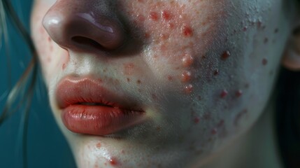 Close-Up: Person's Face with Redness, Bumps, and Pus-filled Lesions, Signaling Acne or Skin Infection, for symptoms presentation, for skin related articles