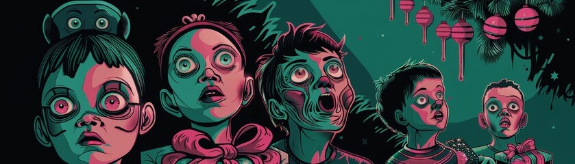 Children sneaking downstairs at dawn, wideeyed at the sight of presents under the tree  54