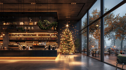3D render of a coffee shop with a large window displaying a Christmas tree and lights, where customers gather to enjoy the festive decor and seasonal beverages