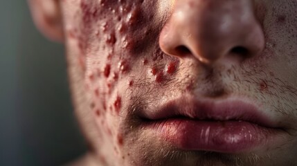 Close-Up: Person's Face with Redness, Bumps, and Pus-filled Lesions, Signaling Acne or Skin Infection, for health-related blogs, for health-related articles