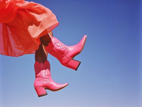 Vivid red leather cowboy boots swinging in air, fashion editorial photograph with copy space