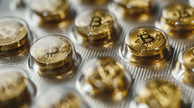 An eye-catching image featuring pill tablet packaging with pills shaped like Bitcoin circles, creating a unique and visually appealing concept. The packaging is prominently displayed