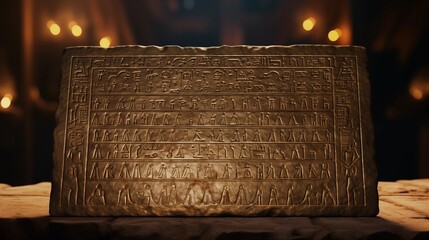 Old stone tablet with engravings, ancient egyptian stone tablet in a temple.