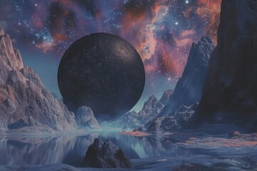 Fototapeta premium Huge mysterious glossy black sphere hovers gracefully amidst a cosmic, fantastical landscape filled with vivid celestial bodies. The raw beauty of cosmic landscapes.