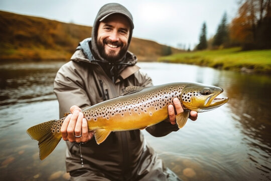 A man stands in a river, holding a brown fish in his hands, showcasing his successful catch