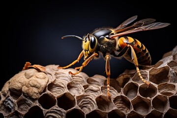 Closeup of a wasp building its nest, capturing the precision and texture of the paperlike material on a dark background