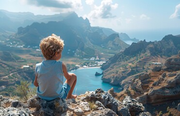 Naklejka premium Boy atop hill enjoys serene view, embracing solitude and nature's tranquility