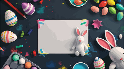 Blank card with paper rabbits Easter eggs markers and