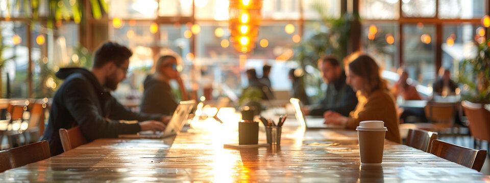 Close-up of a communal table in a contemporary coffee shop, with patrons using laptops and smartphones, illuminated by bright, indirect natural light