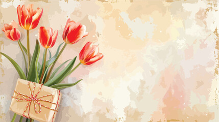 Blank greeting card gift and beautiful tulip flowers