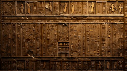 Old stone wall with Egyptian hieroglyphs, Ancient hieroglyphic writing with gold.