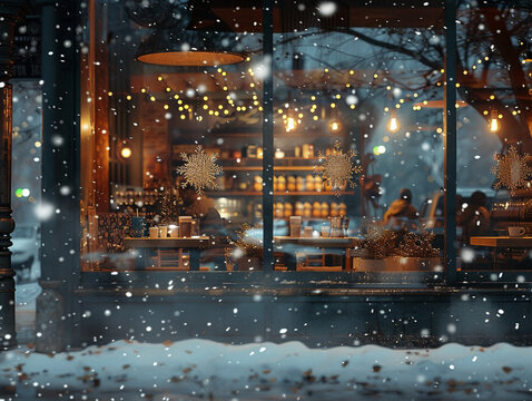 Detailed visualization of a coffee shop window with a winter scene, where patrons enjoy their warm drinks while watching snowflakes gently fall outside