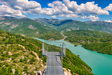 Bovilla, Albania - April 27, 2024. Attractive spring view of Bovilla Lake, Tirana city location....