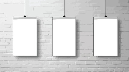 Blank posters hanging on white brick wall Vector illustration